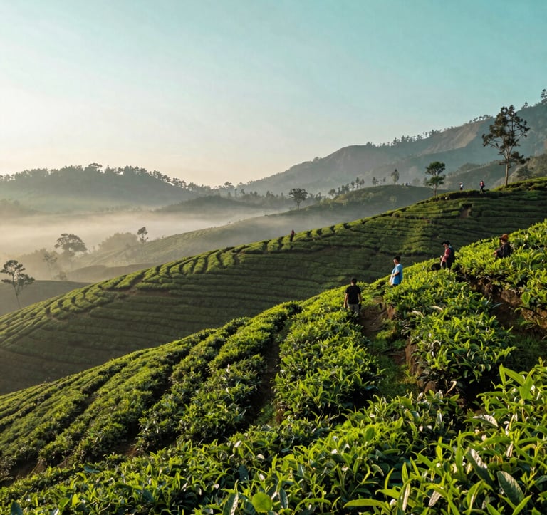 A breathtaking morning view of the Ciwidey tea plantations in Bandung. The rolling hills are covered in vibrant Sage Green tea bushes with a soft morning mist. In the distance, the Pale Seafoam sky meets the horizon. A group of travelers enjoying the fresh air in a Southeast Asian / Indonesian mountain setting.
