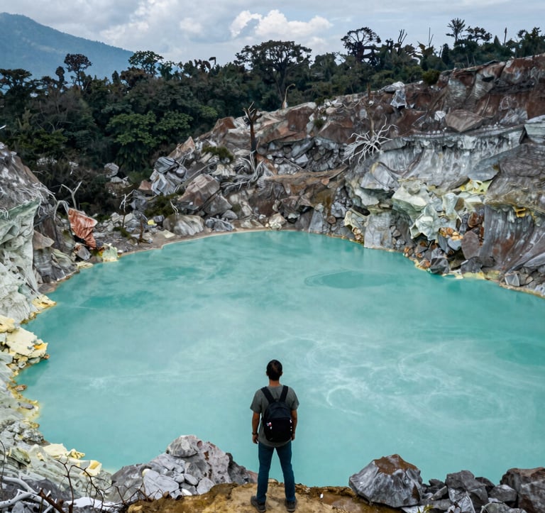 A breathtaking landscape photo of the Kawah Putih volcanic crater near Bandung. The turquoise water contrasts with the white acidic soil and dark forest green trees on the crater rim. The atmosphere is mystical and cool, featuring a Southeast Asian / Indonesian traveler looking at the view.