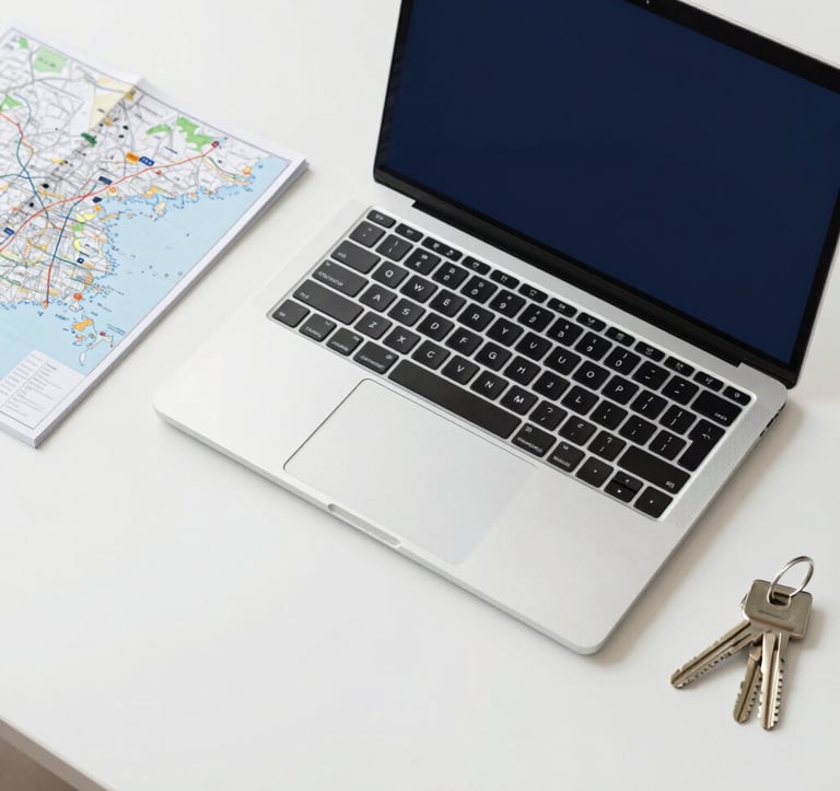 A top-down, clean workspace shot featuring a high-end laptop, a minimalist travel map, and a set of keys on a polished white desk. The aesthetic is extremely organized and professional, using a palette of white, deep navy (#1E2B38), and silver.