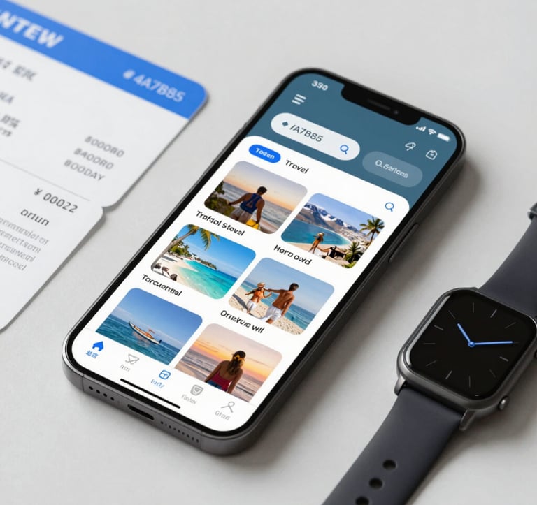 Close-up of a high-end smartphone displaying a travel content feed next to a minimalist watch and a boarding pass. Clean, professional desk setup with neutral lighting and #4A7B8E blue accents.