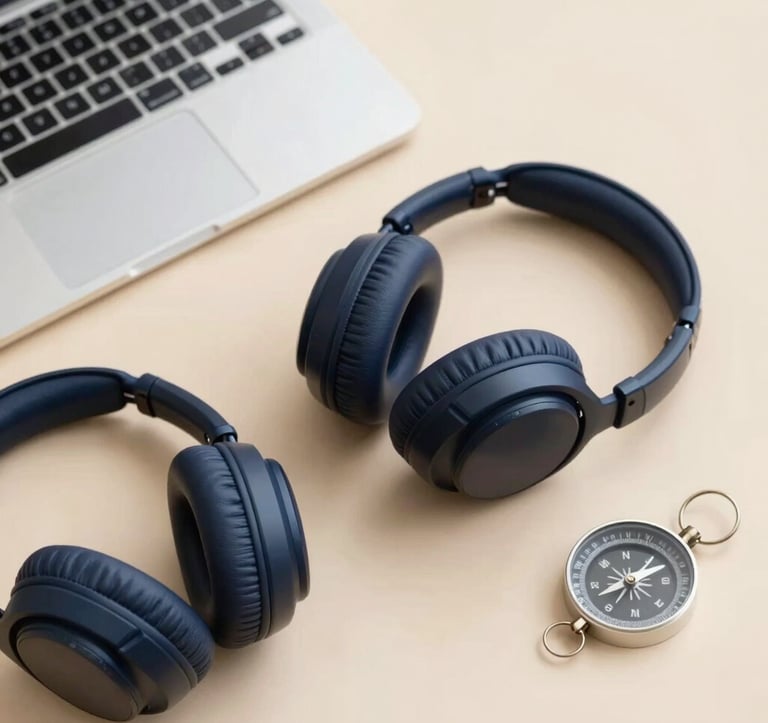 A flat-lay of professional travel tools: a sleek laptop, a pair of noise-canceling headphones, and a compass. Minimalist aesthetic, soft shadows, using the brand's sand and deep blue palette.