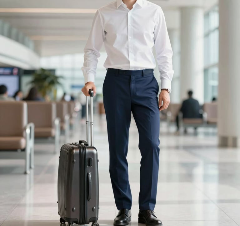 A faceless professional man in a crisp white shirt and navy trousers (#1E2B38) standing in a modern, sunlit airport lounge with a sleek leather suitcase. The background is slightly blurred, focusing on the sophisticated travel aesthetic. Minimalist and premium feel.