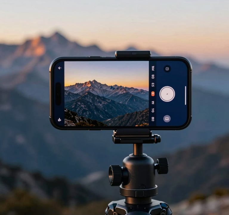 A close-up of a high-resolution smartphone mounted on a sleek tripod, capturing a breathtaking view of a mountain range at golden hour. The interface shows professional camera settings. Palette includes deep blue #1E2B38 and charcoal tones.