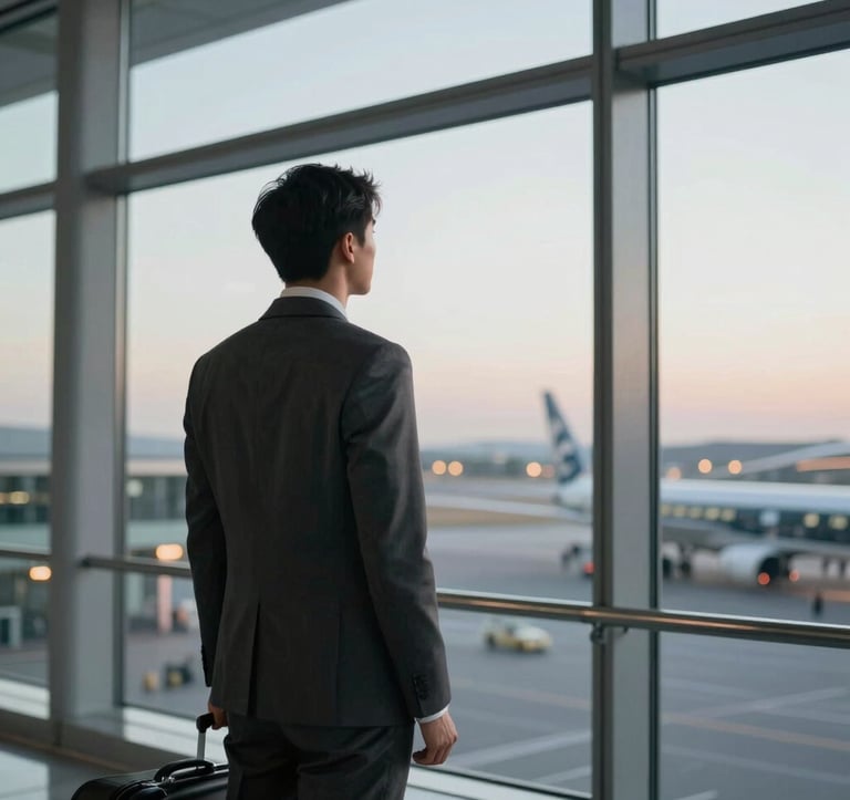 A faceless professional traveler in a modern, charcoal-colored suit looking out of a large glass window at an airport terminal at dawn. The scene is clean, sharp, and uses a refined palette including #1E2B38 and #F8F6F2.