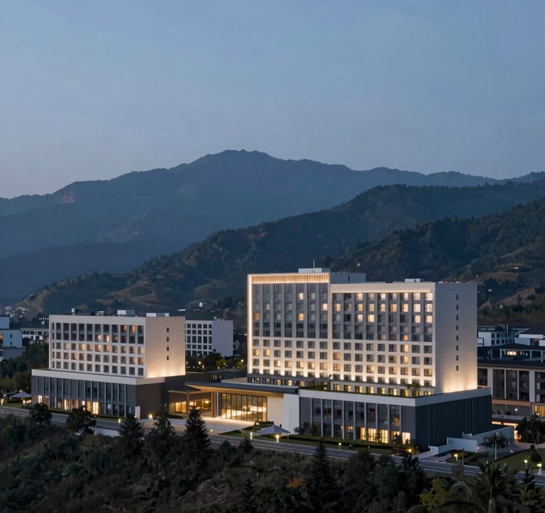 A wide-angle, breathtaking landscape of modern hotel architecture nestled in a mountain range during the blue hour. Cool tones of #1E2B38 mixed with soft hotel lighting #D2C9B0. Minimalist and premium travel aesthetic.