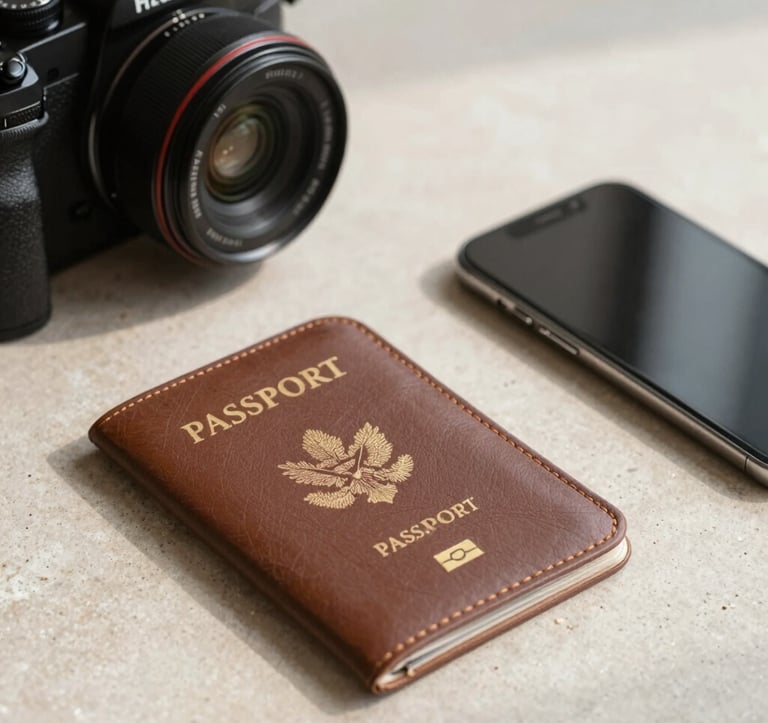 A close-up, minimalist shot of a high-end professional camera, a leather passport holder, and a smartphone resting on a clean, sand-colored stone surface. Soft, natural sunlight creates gentle shadows. The palette is refined and neutral, featuring charcoal and sand tones (#D2C9B0).