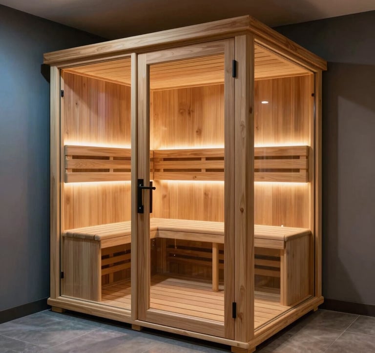 An interior shot of a luxurious private infrared sauna with natural cedar wood and tempered glass. The setting is clean and aspirational, located in a North American urban health club. Warm, inviting light contrasts with the steel blue shadows of the room.