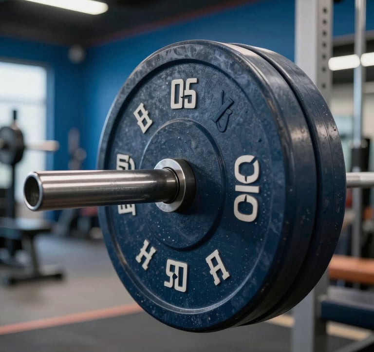 A close-up, high-detail photograph of high-end Olympic weightlifting plates on a barbell inside a luxury North American training facility. The lighting is dramatic, highlighting the texture of the steel and the dark navy and bright blue accents of the gym interior.