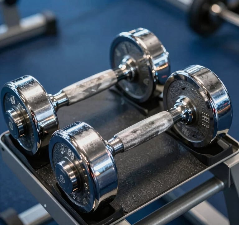A close-up photograph of heavy chrome dumbbells resting on a leather-wrapped rack in a luxury North American gym. The background is a soft-focus deep blue, emphasizing the metallic texture and premium quality of the gear. Lighting is crisp and dramatic.