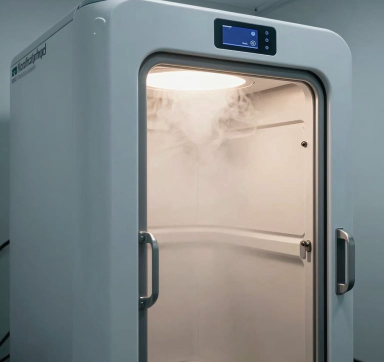 A close-up photography of a modern, professional cryotherapy chamber in a North American boutique gym. The chamber has a metallic light blue gray finish and digital displays. Soft mist escapes the door, illuminated by crisp off white lighting, creating a high-performance aesthetic.