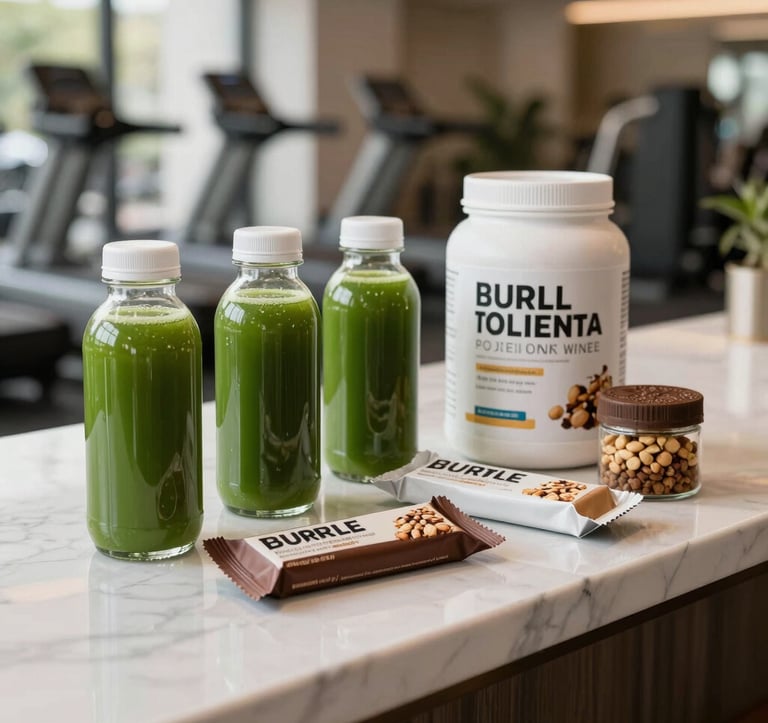 A sophisticated lifestyle shot of a high-end nutrition bar within a luxury fitness center. Clean glass bottles of fresh green juice and premium protein snacks are arranged on a white marble counter. Soft, bright natural light in a US-based setting.