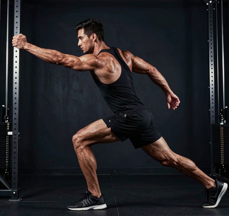 A powerful action shot of an athlete in mid-workout, focusing on form and discipline. The setting is a minimalist, luxury gym with dark navy walls and professional equipment. Lighting is low-key with a sharp rim light highlighting muscle definition. North American / US.