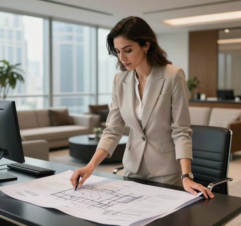 A candid shot of a professional woman in a chic, modest business outfit in a high-end Dubai office lounge. She is looking at architectural blueprints spread across a black desk. The atmosphere is calm, bright, and highly professional.
