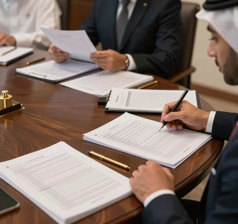 Behind-the-scenes photography of a professional meeting in a Middle Eastern / Gulf executive suite. A dark brown wooden table holds structured data reports and gold stationery. The lighting is soft and focused, emphasizing institutional-grade transparency.