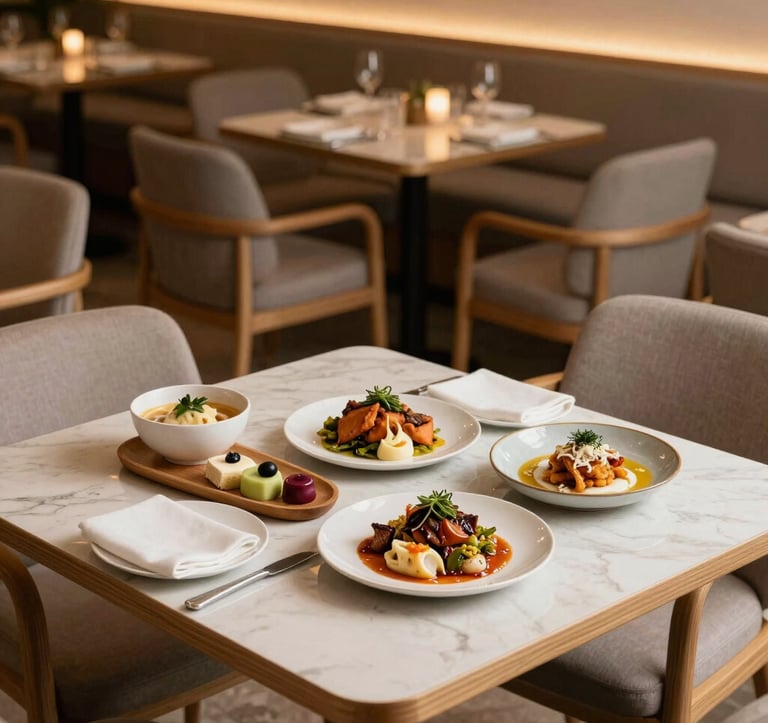 A photograph of a cozy, Scandinavian-style restaurant in Dubai with minimalist wood furniture and soft lighting. Gourmet Middle Eastern / Gulf fusion dishes are presented elegantly on the table. The mood is approachable yet professional.