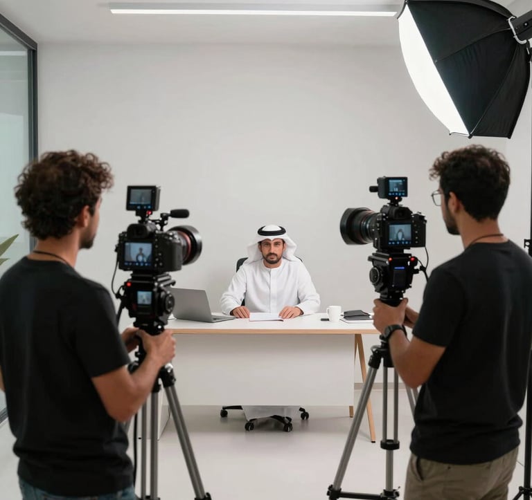 A behind-the-scenes shot of a professional media team in a minimalist Dubai office, using high-end cameras and softbox lighting to film a market update, reflecting a mood of sophisticated transparency and authority in the Middle Eastern / Gulf region.