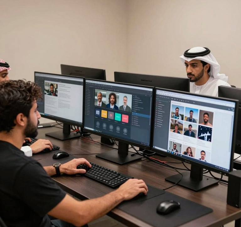 Professional photography of a team in a Middle Eastern / Gulf studio setting, managing digital social media content on large sleek monitors. The environment is organized and high-contrast, featuring deep ripe black hardware and soft beige wall textures.