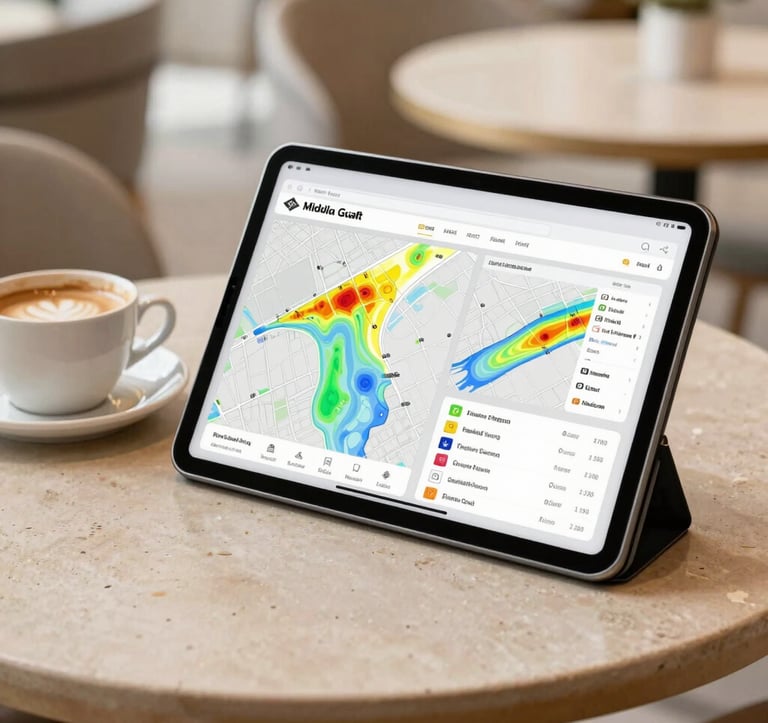 A close-up of a high-end digital tablet displaying property market heat maps sitting next to a fresh cup of coffee on a light beige stone tabletop in a bright, modern Middle Eastern / Gulf cafe.