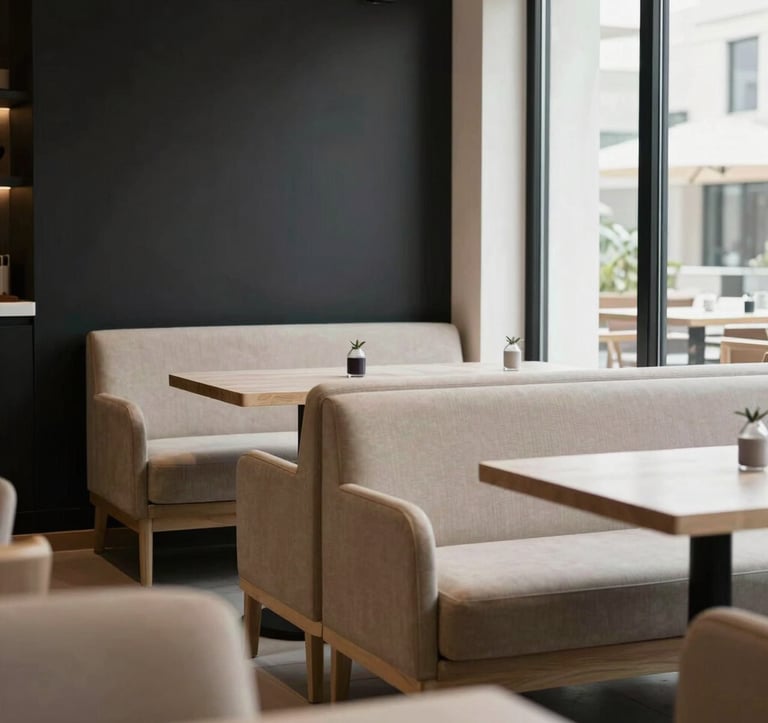 A cozy, Scandinavian-inspired restaurant in Dubai. Minimalist light beige furniture, clean lines, and high-contrast deep ripe black decor. A professional yet down-to-earth atmosphere with natural light streaming through large windows.