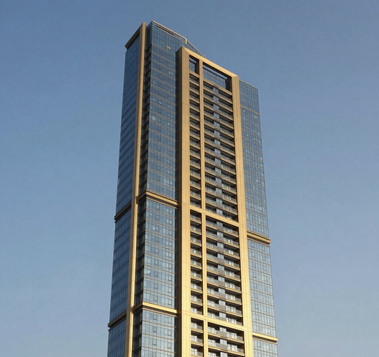 A sharp architectural photograph of a modern luxury residential tower in Dubai against a clear blue sky. The building features sleek glass and gold-colored metal accents, representing a high-yield investment opportunity in the Middle Eastern / Gulf region.