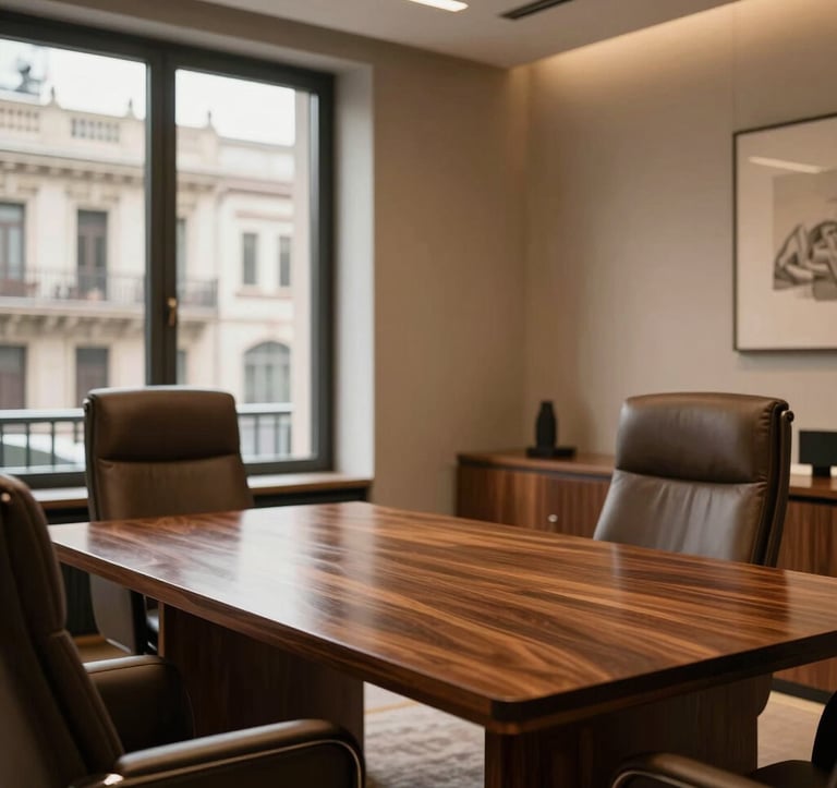 Interior of a high-end private banking office in Barcelona, featuring a polished mahogany table and luxury leather chairs. Soft, warm lighting illuminates a professional and discrete environment with a view of classic architecture through the window.