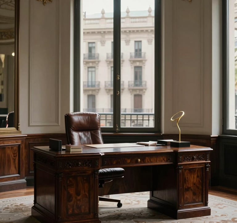Interior of a refined private bank office in Barcelona. An antique dark wood desk stands before a window overlooking the classical architecture of Paseo de Gràcia. Soft morning light illuminates a leather chair and a minimal gold sculpture. Southern European luxury style.