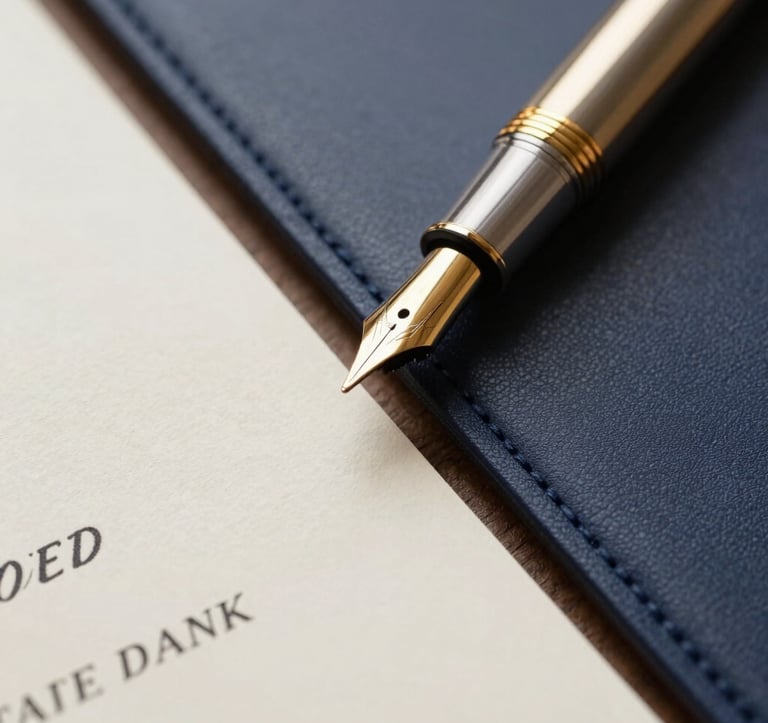 Macro photography of a gold fountain pen resting on a dark navy leather desk blotter next to an invitation on thick cream paper. The focus is sharp on the gold nib. The lighting is intimate and sophisticated, suggesting a private agreement. Private bank aesthetic.