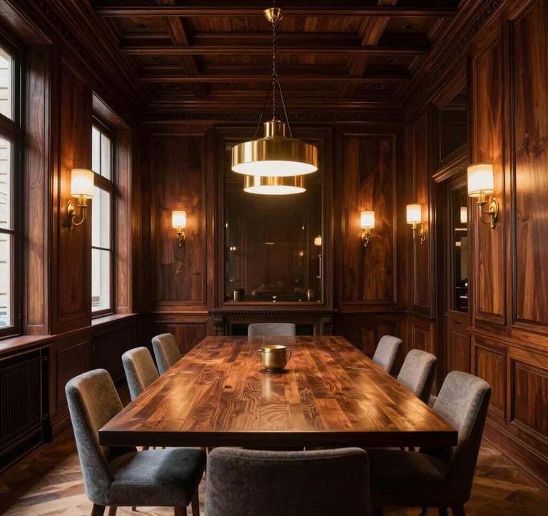 An elegant, quiet private meeting room in a historic building on Paseo de Gràcia, Barcelona, with high ceilings, dark wood paneling, and sophisticated gold lighting fixtures, Southern European / Spanish architectural heritage.