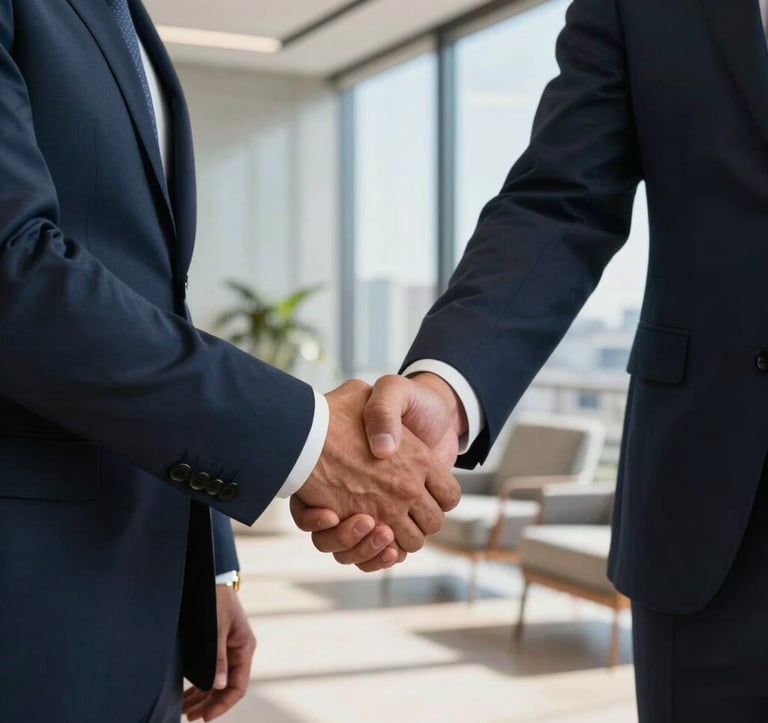 Close-up of a professional handshake between two executives in a sun-drenched, high-end office in Barcelona, dressed in luxury bespoke navy suits, gold watch visible, Southern European / Spanish professional business context.