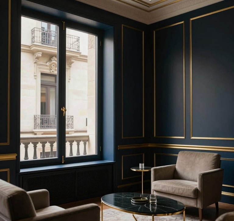 Interior of a sophisticated private advisory suite in Barcelona, featuring dark navy walls, gold accents, and a large window overlooking architectural details. The lighting is soft and professional.