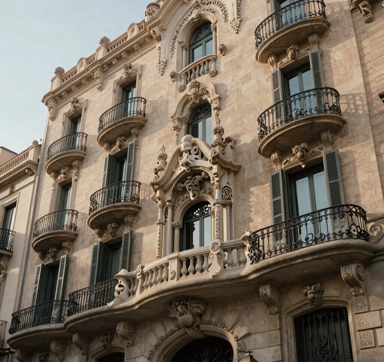 A vertical photography shot showing the ornate architectural details of a historic 19th-century building on Paseo de Gràcia in Barcelona. The stone carvings and wrought iron balconies are captured in soft, elegant morning sunlight.