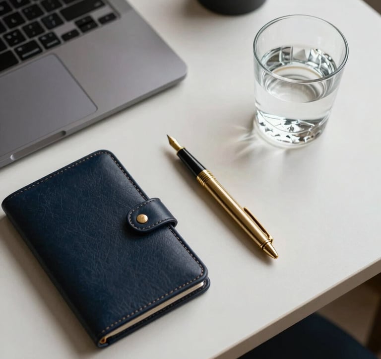 Top-down view of a minimalist office desk in Barcelona featuring a gold fountain pen, a leather portfolio, and a crystal glass of water, soft morning light, dark navy and gold aesthetic, Southern European / Spanish luxury professional setting.
