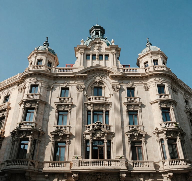 The elegant facade of a historic building on Paseo de Gràcia in Barcelona, shot from a low angle to emphasize grandeur and prestige under a clear blue sky.