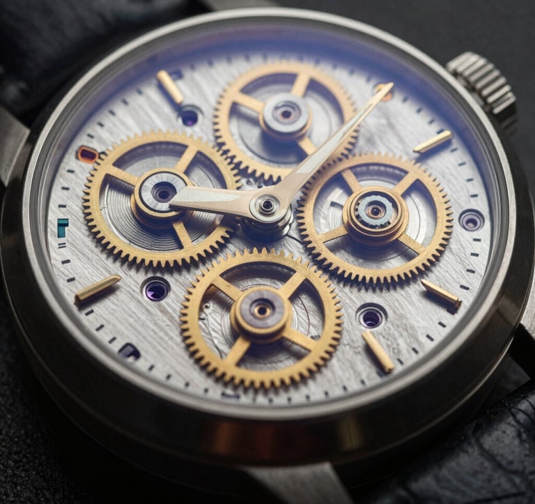 Detailed professional photography of a high-end Swiss mechanical watch movement, highlighting the intricate gold gears and precision parts. The lighting is moody with deep shadows and golden metallic accents, signifying time and accuracy.
