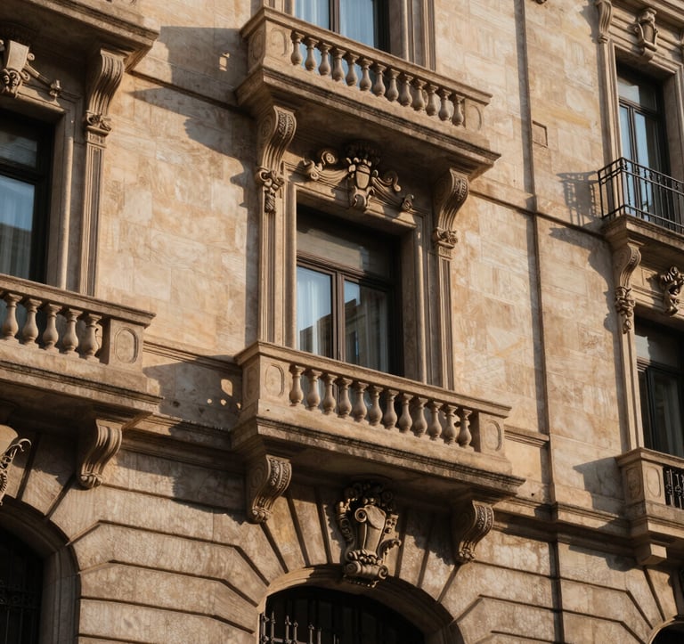 Architectural detail of an elegant facade on Paseo de Gràcia, Barcelona. The warm afternoon sun highlights the stone textures and classical lines of the building, representing stability, history, and wealth. Professional architectural photography.
