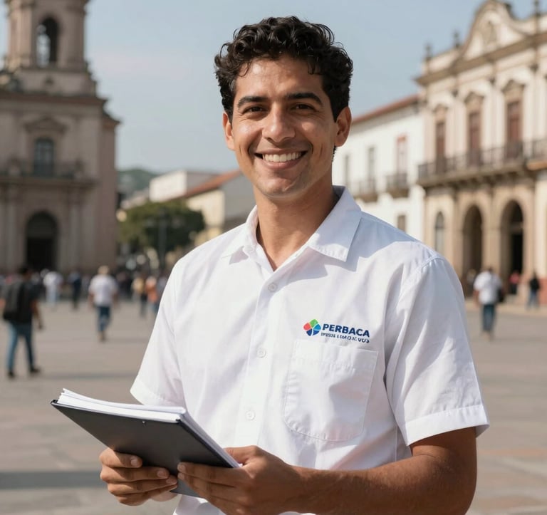 Portrait of a smiling professional educational guide in South America, wearing a clean branded uniform, holding a notebook, with a historical city square blurred in the background under clear daylight.