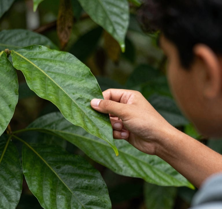 Close-up of a student's hand examining a leaf in a lush South American botanical garden, soft natural lighting, focus on detail, educational context.
