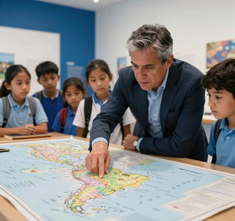A close-up photograph of a South American educator pointing out details on a large historical map to a group of interested primary students in a modern, light-filled museum hall. Clean composition with deep blue and white accents.