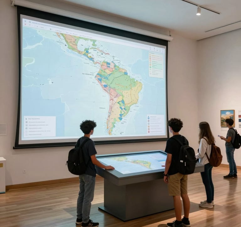Modern museum interior with interactive screens, students engaging with a digital map showing local history, bright and clean design, South American setting.