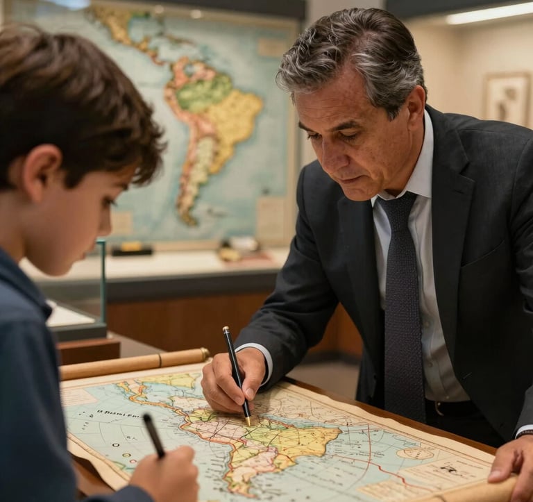 Close-up of a teacher and a student looking at an old map in a museum setting in South America, warm lighting, educational and focused mood, professional and clean aesthetic.