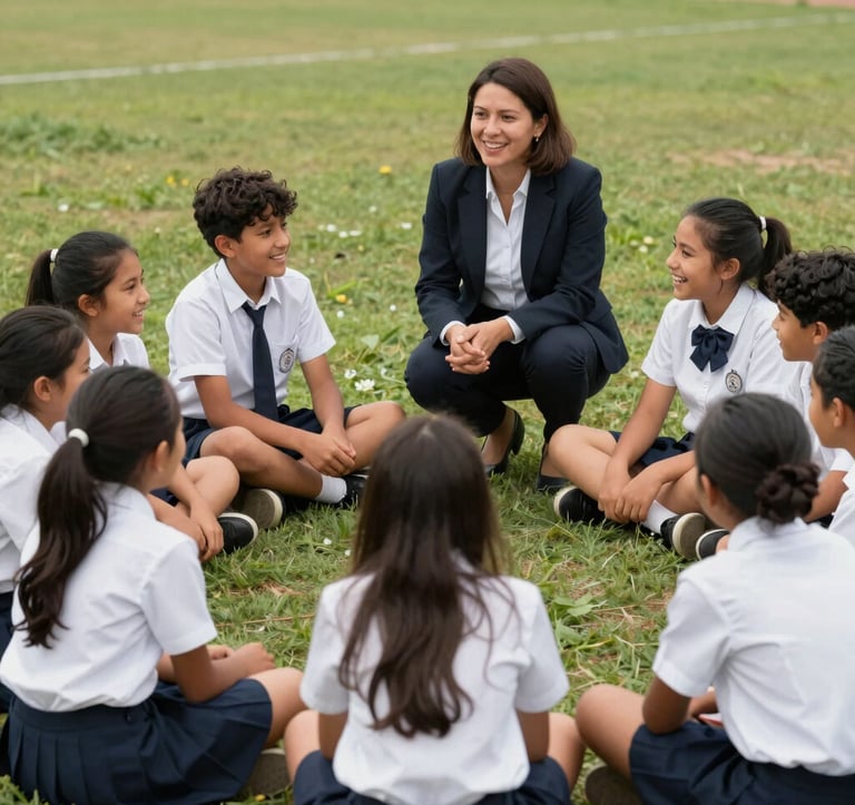 Group of South American middle school students sitting in a circle on grass, laughing and discussing with their teacher, outdoor setting, emotional and professional mood.