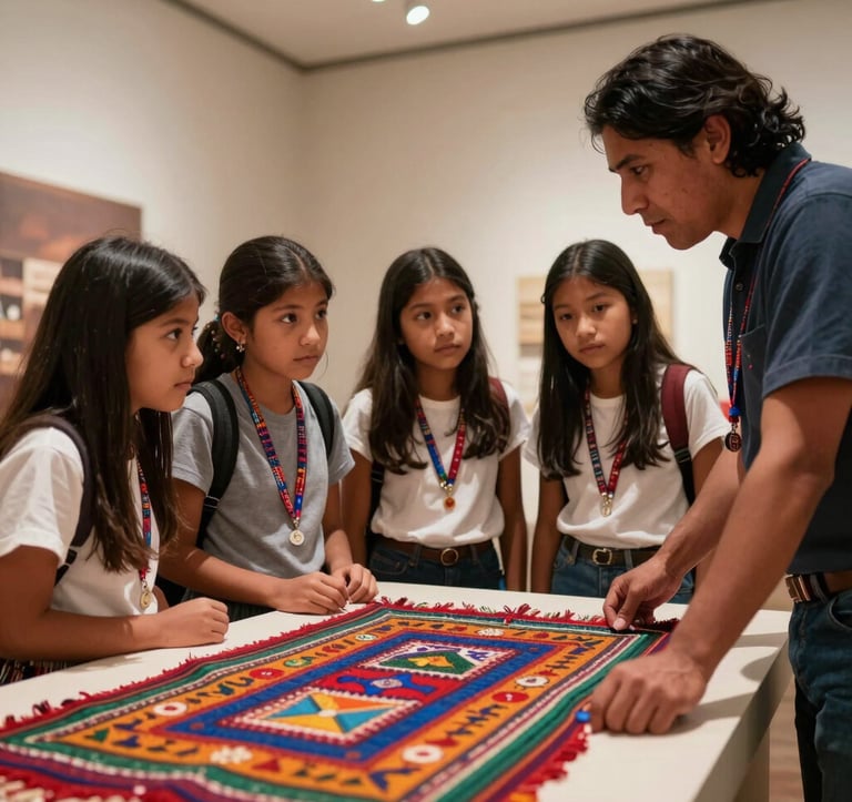 In a South American museum, a group of students leans in to see a brightly colored traditional textile being explained by a guide. Soft indoor museum lighting, clean composition, focusing on the emotional connection and curiosity of the students.