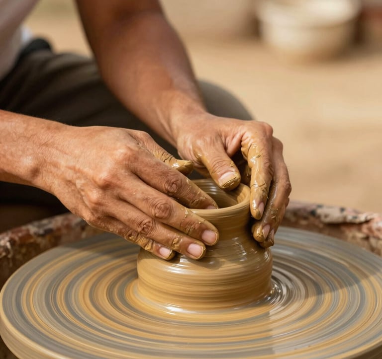 Close-up of South American artisanal pottery being shaped by hands, with a student's hands nearby learning the technique. Warm, golden yellow tones, soft focus background, emphasizing the 'learning by doing' philosophy of Faros Turismo.