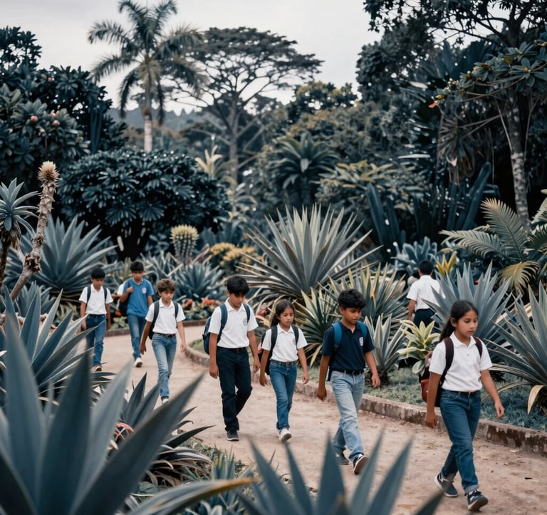 Wide shot of a South American / Spanish landscape where students are walking through a botanical garden, soft natural lighting, focus on exploration and nature, deep blue and soft white tones.