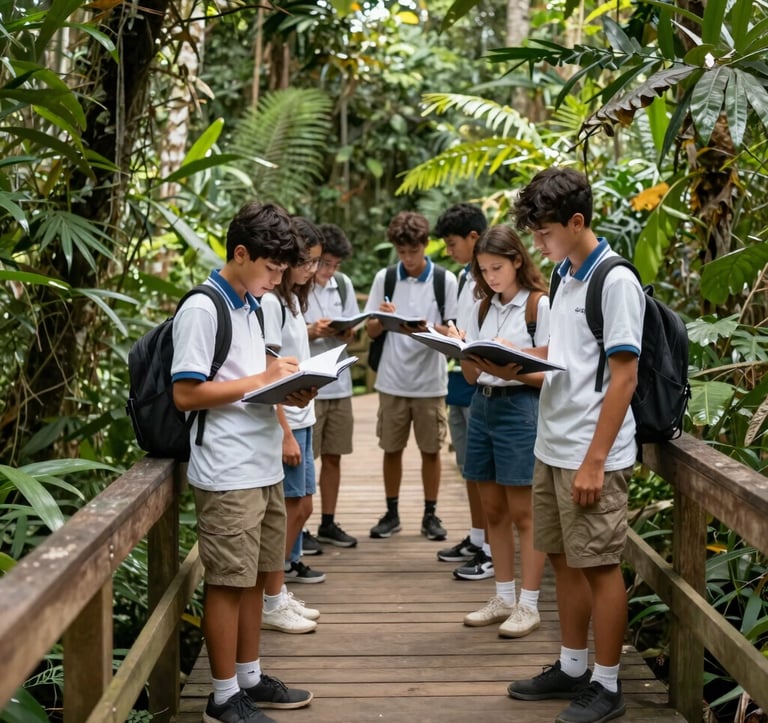 A group of secondary students in a lush South American ecological reserve, standing on a wooden walkway surrounded by dense green foliage. One student is taking notes in a sketchbook. Natural sunlight filtering through leaves, modern and clean photography style.