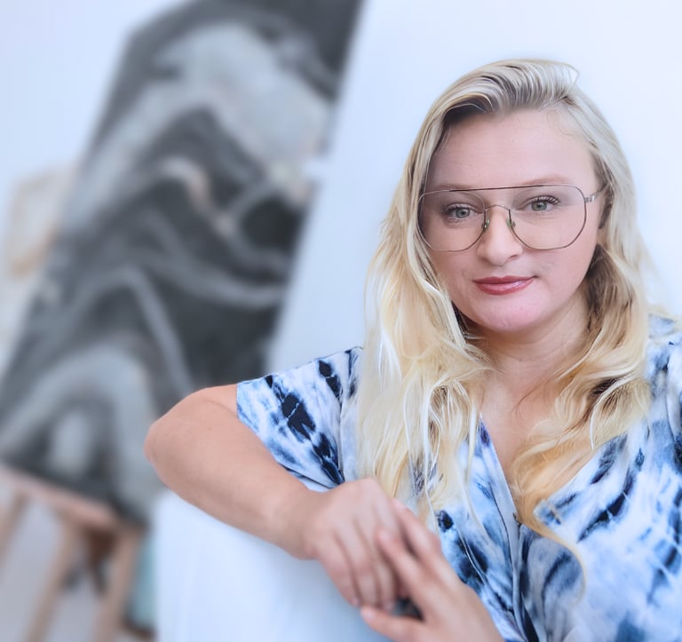 Agnieszka Korycka, artist, woman in glasses and Ralph Lauren dress luxury epoxy art