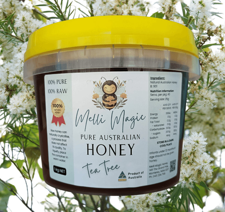 Melli Magic 1kg tub of pure Australian raw Australian Tea Tree honey with a yellow lid and bee logo.