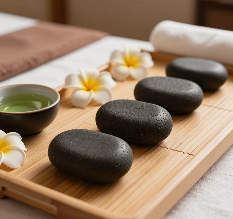 A beautiful setup of hot stone massage therapy. Smooth, dark volcanic spa stones are neatly arranged on a warm earthy beige bamboo tray, surrounded by small tropical flowers and a bowl of aromatic green essential oil. Soft-focus background with a relaxing, warm studio atmosphere.