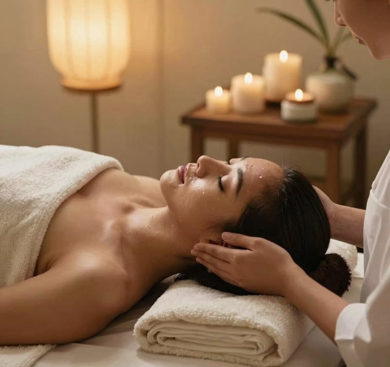 A relaxing Southeast Asian / Indonesian woman enjoying a gentle herbal facial treatment in a tranquil wellness room. Soft golden hour lighting illuminates the scene, showcasing natural organic skincare jars, warm cream drapes, and a serene atmosphere.