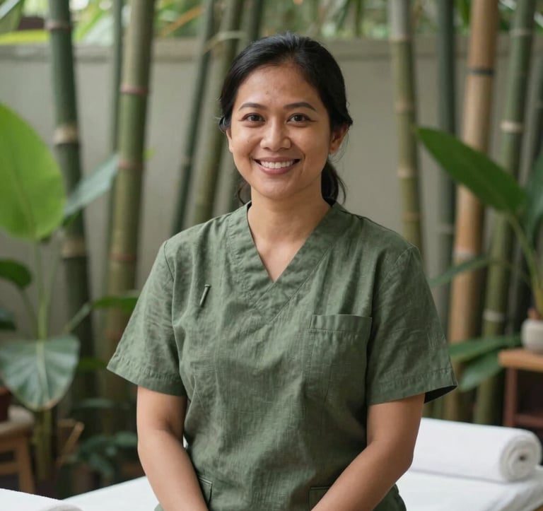 A professional female Southeast Asian / Indonesian therapist in her late 30s, smiling warmly, wearing a neat olive green linen uniform. Soft natural lighting in a tranquil wellness center in Jakarta, with bamboo and tropical plants in the background.